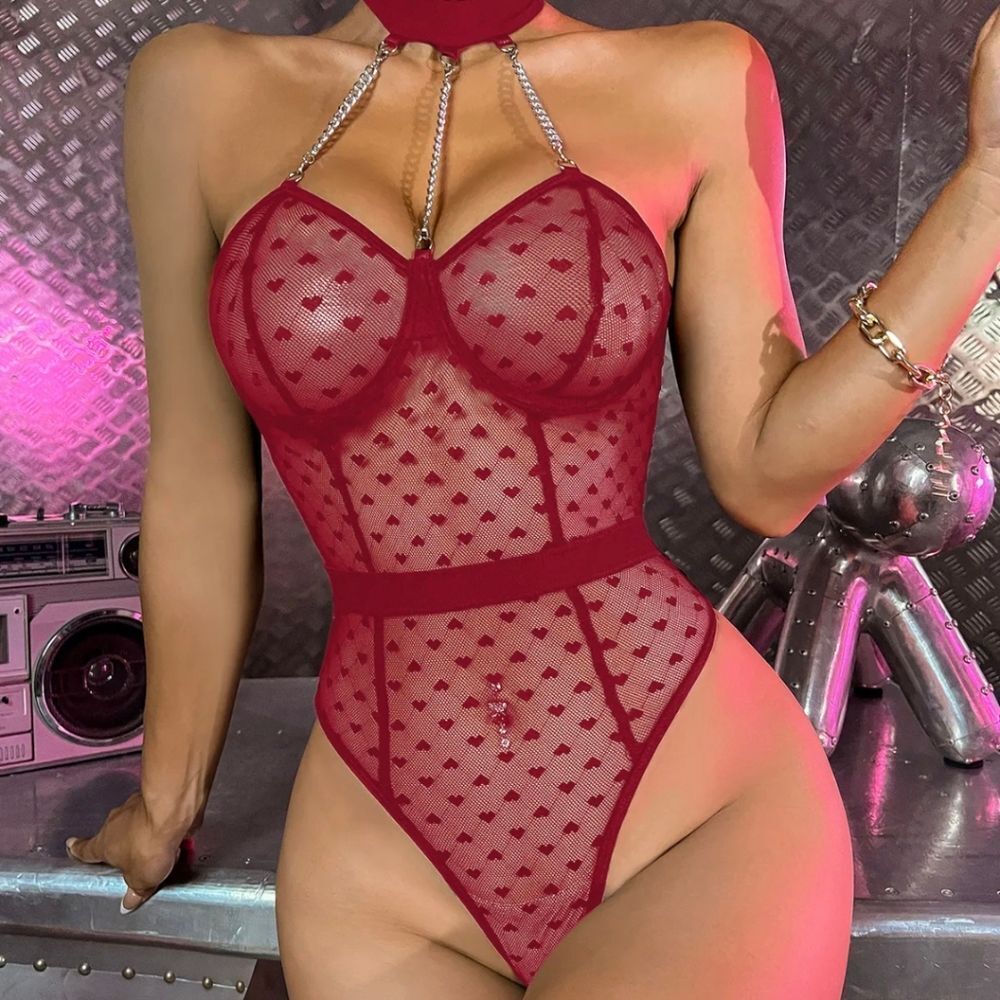Sexy Women Lace Love Bodysuit Mesh Teddy Lingerie One Piece Sleepwear Romper US